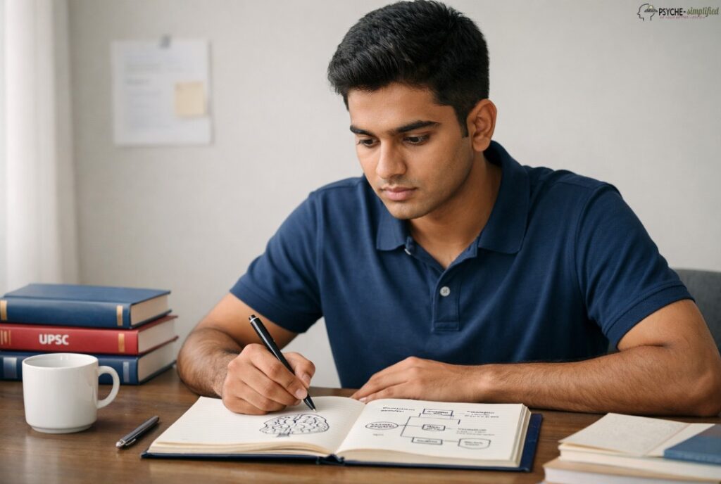 how to prepare psychology optional upsc student studying with notes and books